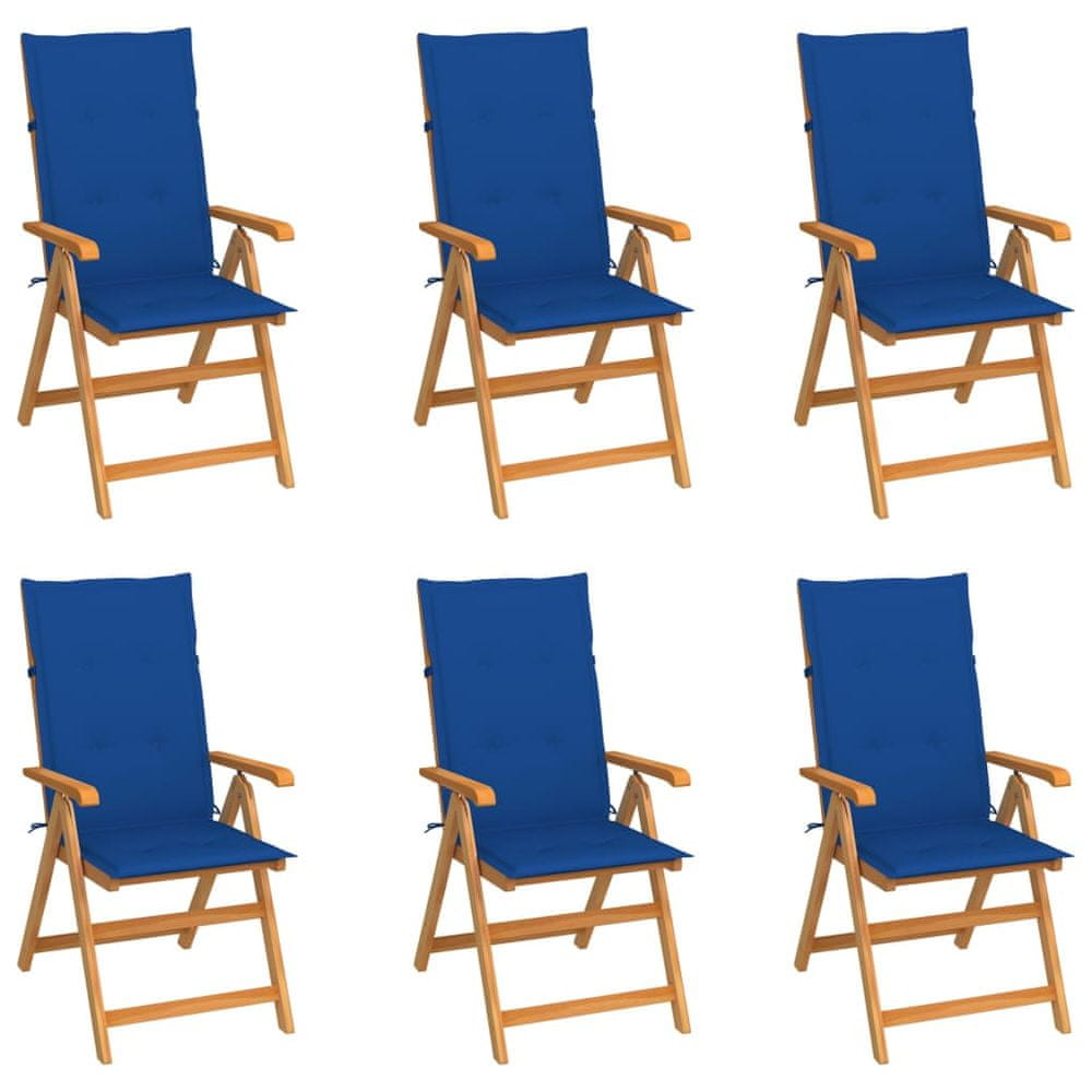 Vidaxl Záhradné stoličky 6 ks, kráľovsky modré podložky, tíkový masív